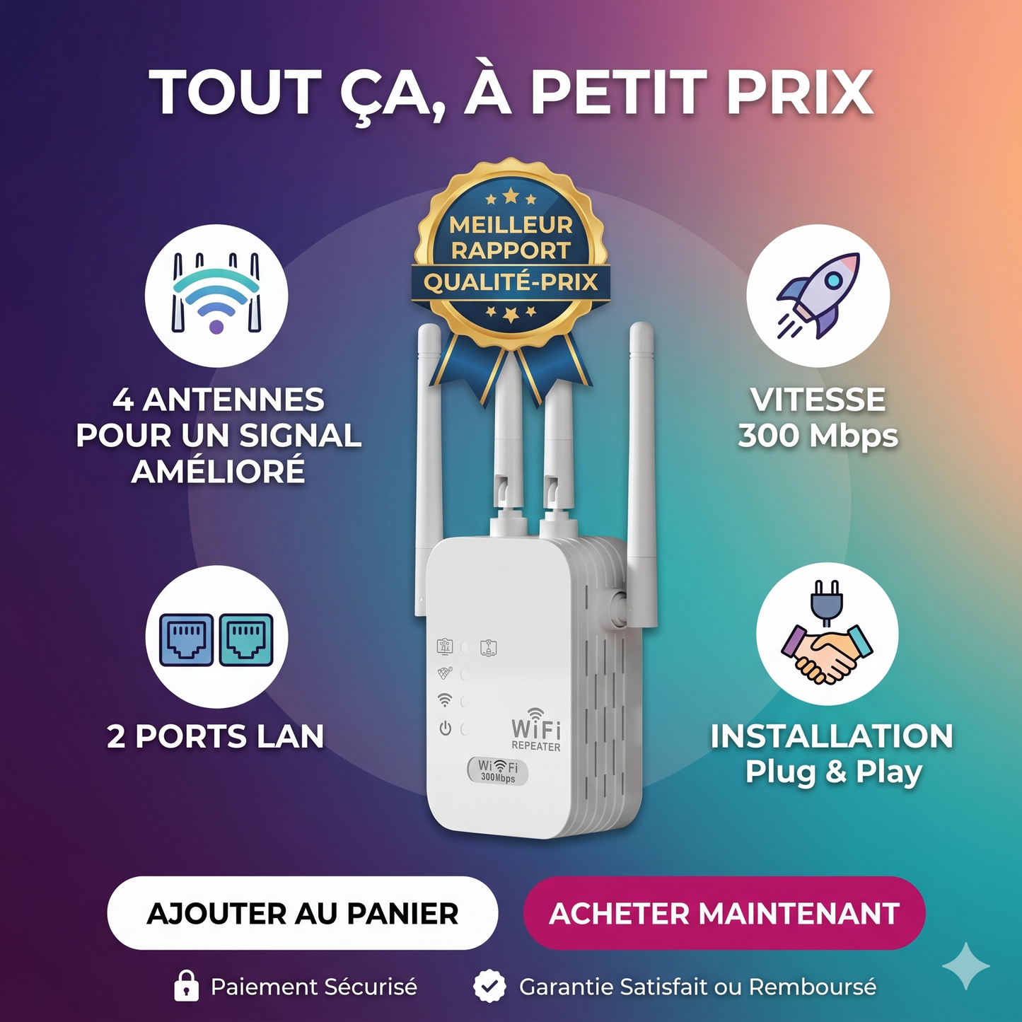 Répéteur WiFi – 4 Antennes, 300 Mbps, 2 Ports LAN | Amplificateur de Signal Longue Portée