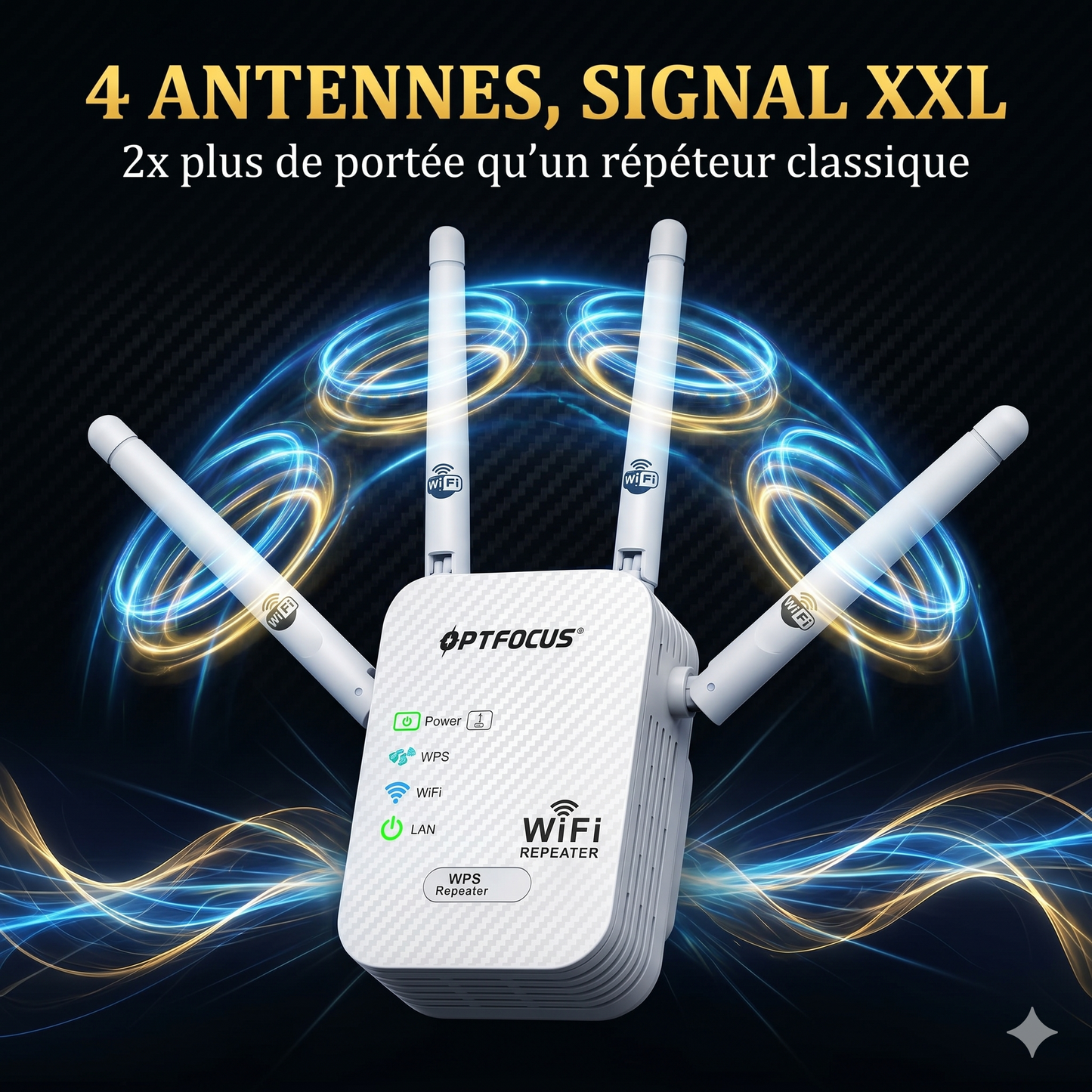 Répéteur WiFi – 4 Antennes, 300 Mbps, 2 Ports LAN | Amplificateur de Signal Longue Portée