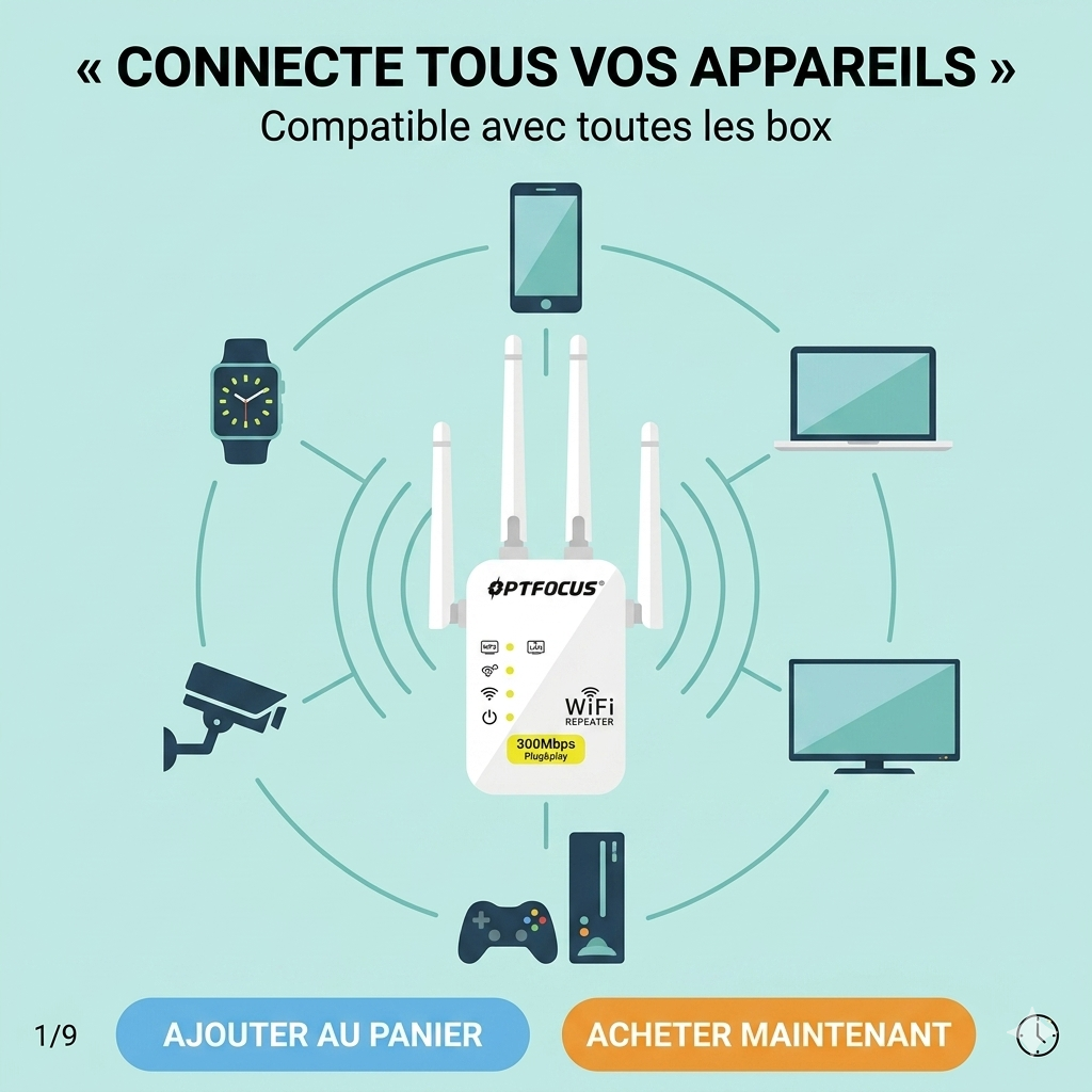 Répéteur WiFi – 4 Antennes, 300 Mbps, 2 Ports LAN | Amplificateur de Signal Longue Portée