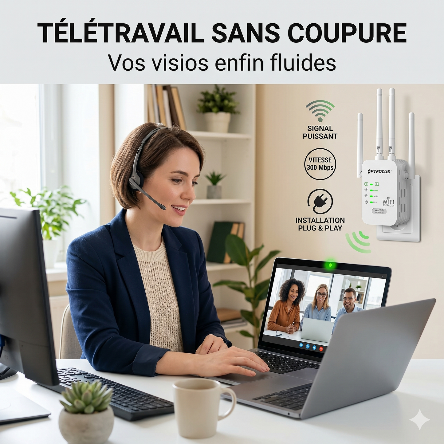 Répéteur WiFi – 4 Antennes, 300 Mbps, 2 Ports LAN | Amplificateur de Signal Longue Portée