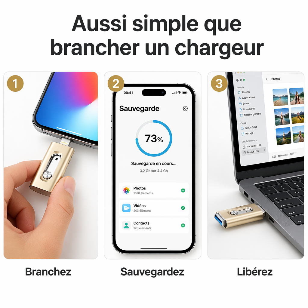 Clé USB OTG 3-en-1 pour iPhone & Android — Libérez votre mémoire en 2 minutes | 64 Go