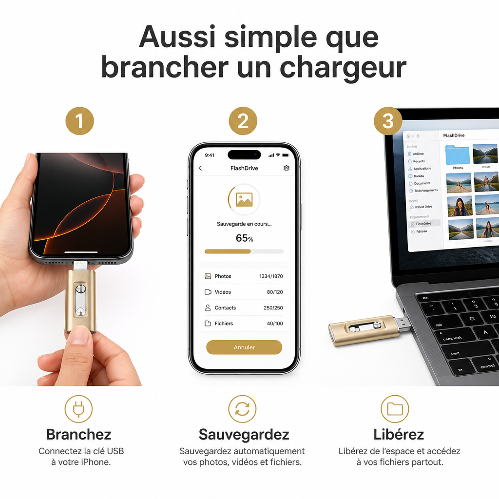 Clé USB OTG 3-en-1 pour iPhone & Android — Libérez votre mémoire en 2 minutes | 64 Go