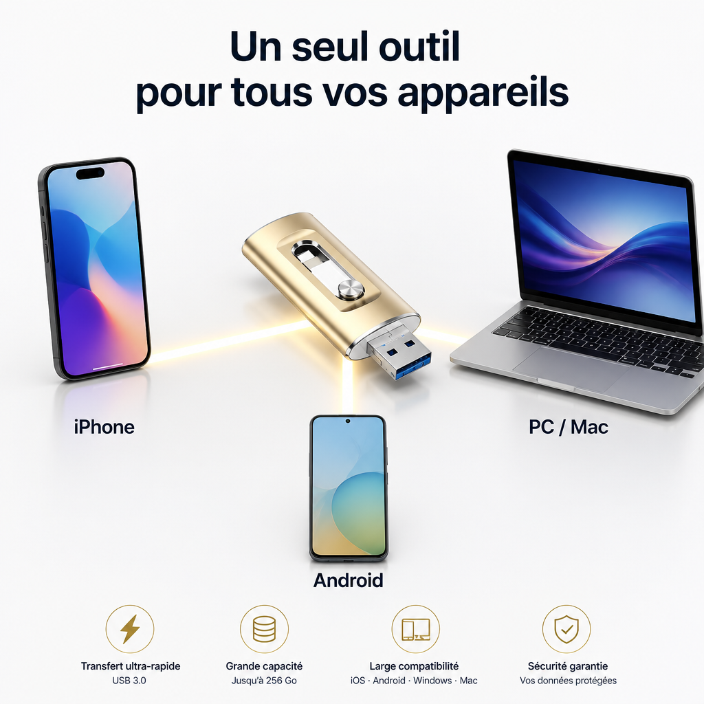 Clé USB OTG 3-en-1 pour iPhone & Android — Libérez votre mémoire en 2 minutes | 64 Go