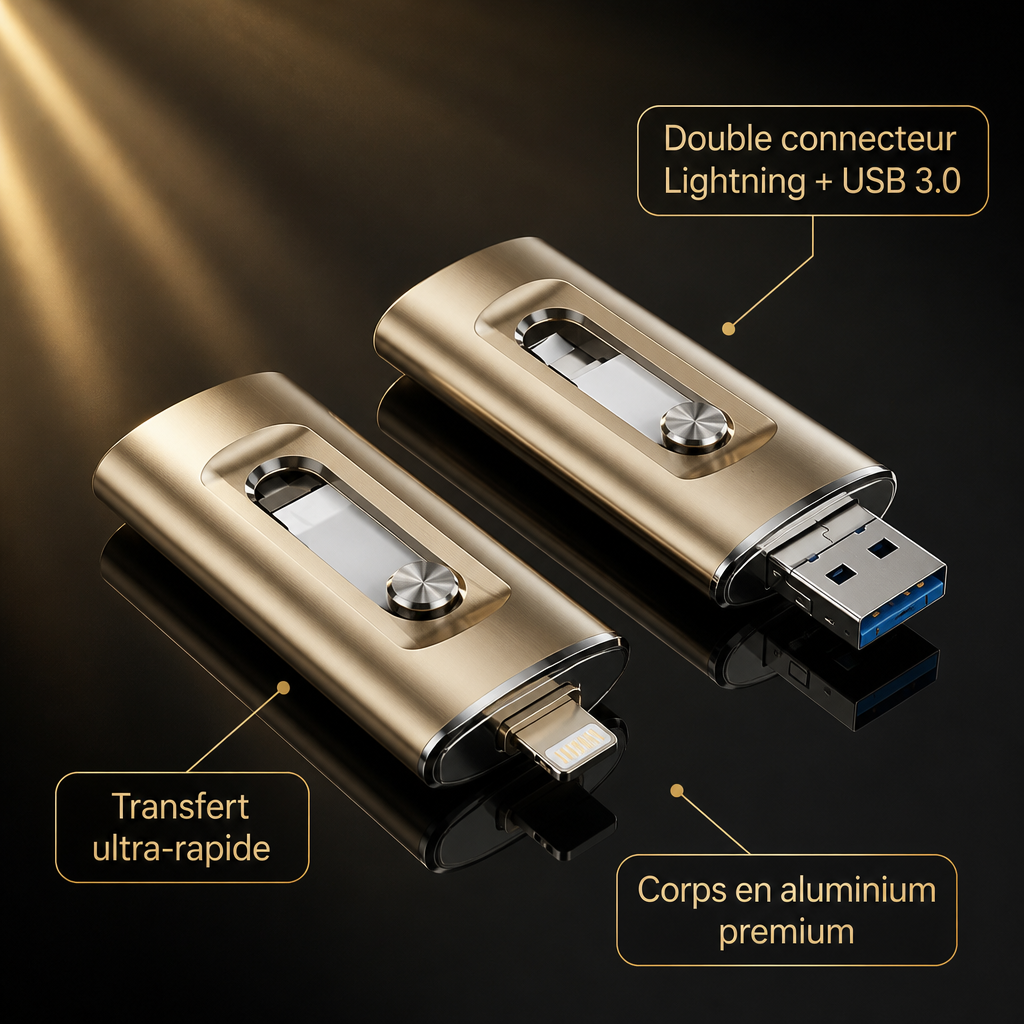 Clé USB OTG 3-en-1 pour iPhone & Android — Libérez votre mémoire en 2 minutes | 64 Go